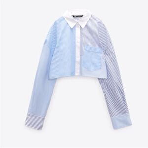 Zara Striped Patchwork Crop Poplin Shirt